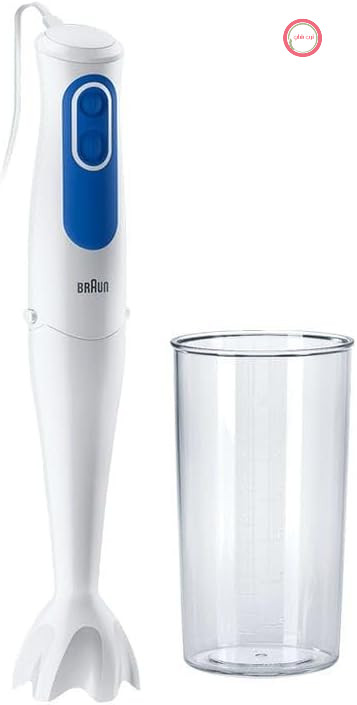 مخلوط کن دستی Braun MultiQuick 3 MQ 3000 Smoothie+ - پوره ساز دستی با 2 سرعت، PowerBell Plus و فناوری SplashControl، 700 وات، شامل پیمانه مخلوط کردن و اندازه گیری 600 میلی لیتری، آبی/سفید