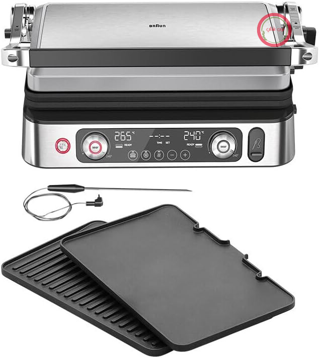 گریل برقی Braun MultiGrill 9 Pro CG 9160 با ۲ ترموستات مستقل، ۳ حالت پخت، صفحات قابل شستشو در ماشین ظرفشویی، ترموپروب یکپارچه، ۲۲۰۰ وات، مشکی/استیل ضد زنگ