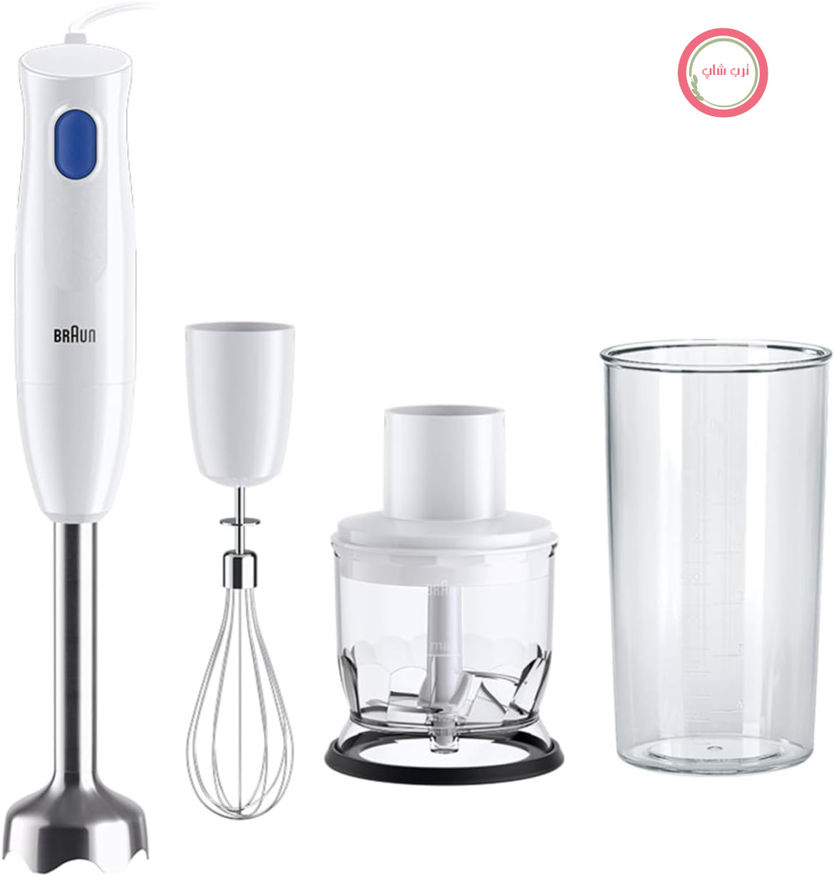 همزن دستی Braun MQ10.202M MultiQuick 1 - همزن دستی فوق العاده سبک با پایه مخلوط کن استیل ضد زنگ و سیستم EasyTwist، شامل خردکن، همزن و ظرف مخلوط کن و پیمانه 600 میلی لیتری، 450 وات، سفید