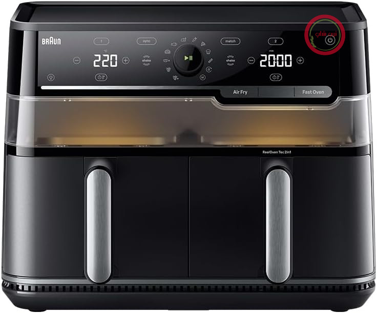 سرخ‌کن هوای گرم دو در یک Braun TwinCook 5، 10 لیتر، سرخ‌کن هوای گرم دو منطقه‌ای با عملکرد همگام‌سازی و تطبیق، RealOven Tec 2 در 1، سرخ‌کن هوای گرم و فر سریع، دیجیتال، نچسب، مشکی مات (TD5053IBK)