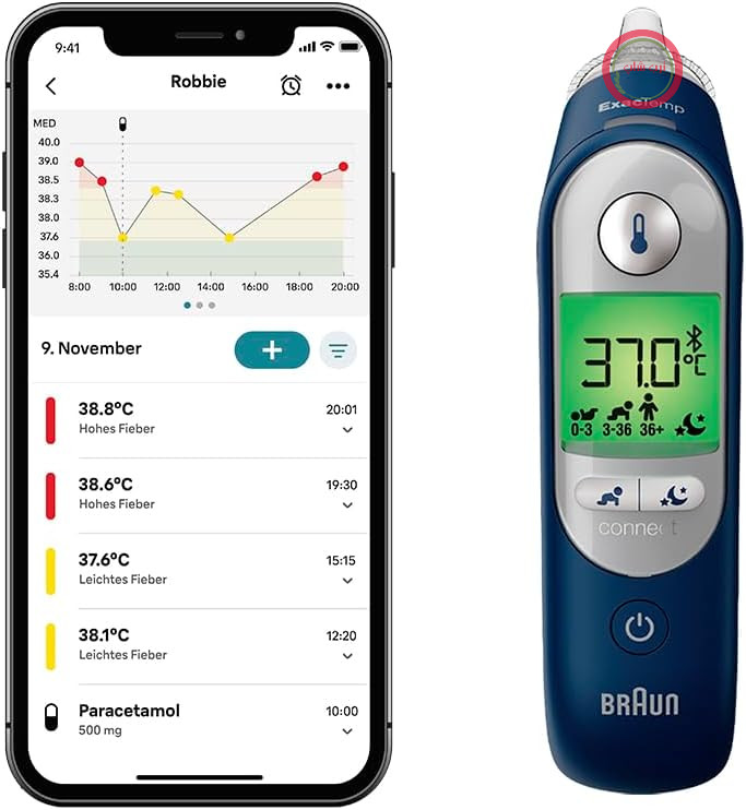 دماسنج گوش Braun ThermoScan 7+ Connect، سازگار با اپلیکیشن Braun Family Care، فناوری Age Precision، نمایشگر دیجیتال رنگی، مناسب برای نوزادان و کودکان نوپا