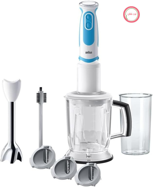 مخلوط کن دستی Braun MultiQuick 5 Vario MQ 5260WHBL – پوره ساز دستی با پایه مخلوط کن استیل ضد زنگ و برش دهنده مارپیچی، 1000 وات، شامل مجموعه لوازم جانبی گسترده، سفید/آبی