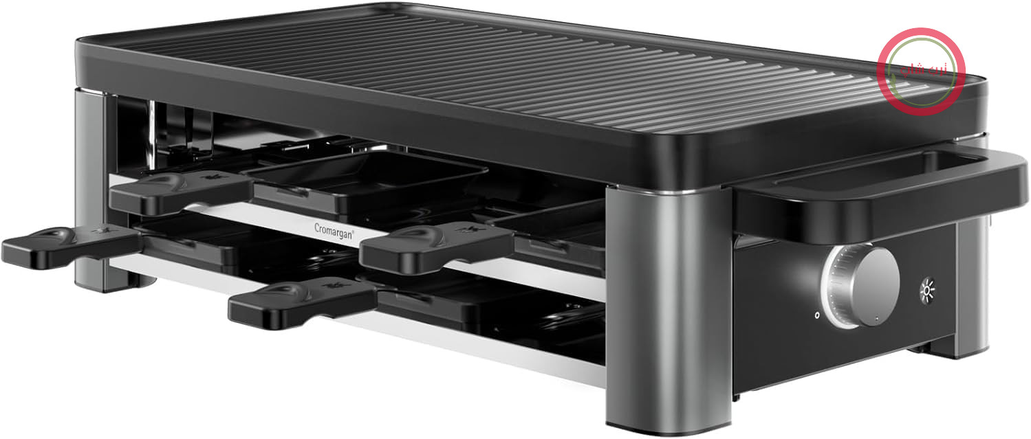 گریل WMF Master Raclette با قابلمه و کشوهای سرامیکی، Raclette برای 8 نفر، 1500 وات، با قفسه، کنترل دمای متغیر، روکش نچسب، قابل شستشو در ماشین ظرفشویی، استیل ضد زنگ مات، مشکی