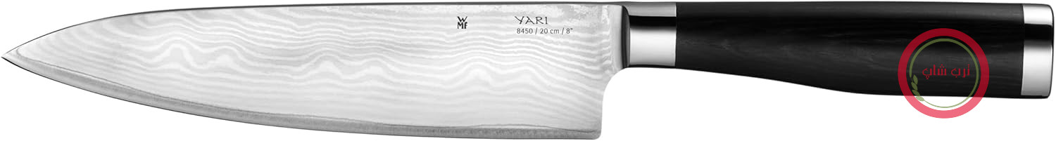 چاقوی سرآشپز WMF Yari 34.5 سانتی‌متر، تیغه فولادی مخصوص ژاپنی، دسته 67 لایه از جنس چوب پاککا، تیغه دمشقی 20 سانتی‌متر