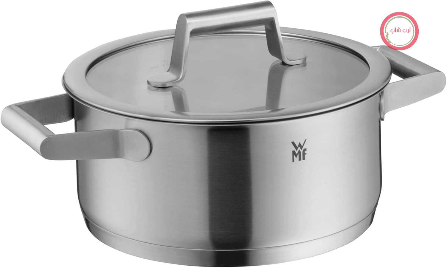 قابلمه کوچک WMF Comfort Line با درب شیشه‌ای 20 سانتی‌متری، قابلمه القایی 2.5 لیتری Cromargan، جنس استیل ضد زنگ مات، داخل ترازو، قابل چیدن روی هم، بدون پوشش