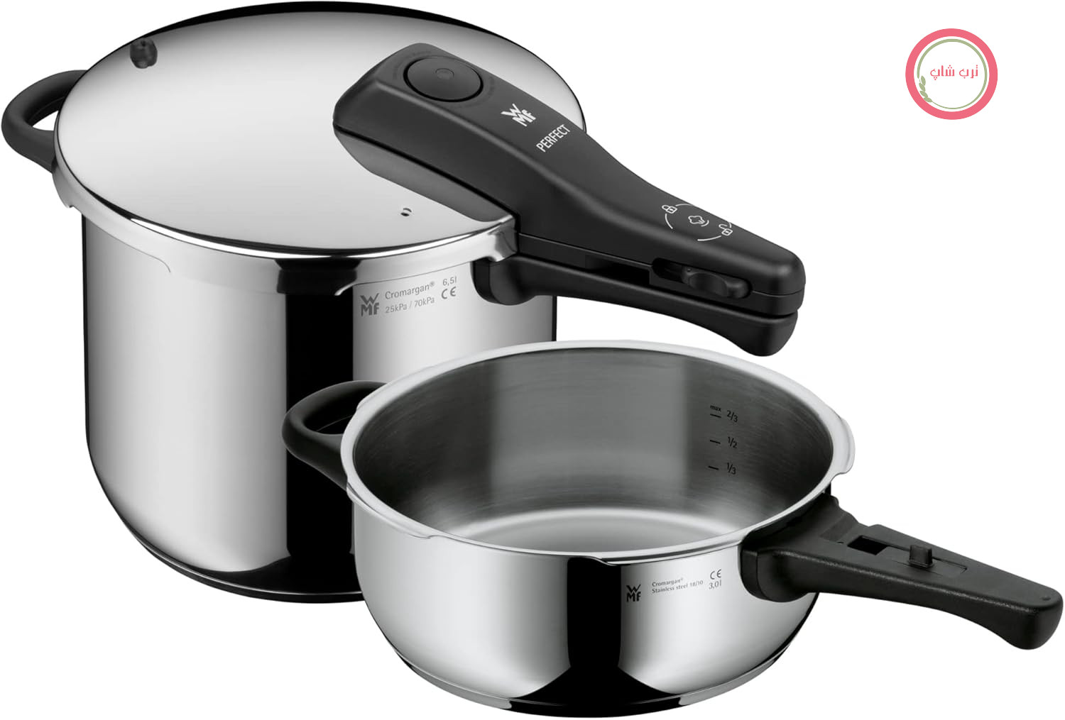 سرویس زودپز القایی WMF مدل Perfect One Pot، زودپز القایی دو تکه 6.5 لیتری، 3 لیتری، دارای علامت پخت بزرگ، 2 طبقه پخت، درب جداشدنی، دسته استیل ضد زنگ