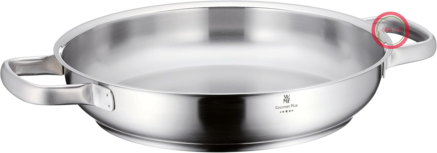 ماهیتابه WMF بدون روکش با قطر 28 سانتی‌متر، لبه پورینگ Gourmet Plus، دسته استیل ضد زنگ، جنس استیل ضد زنگ Cromargan®، مناسب برای اجاق گازهای القایی، قابل شستشو در ماشین ظرفشویی