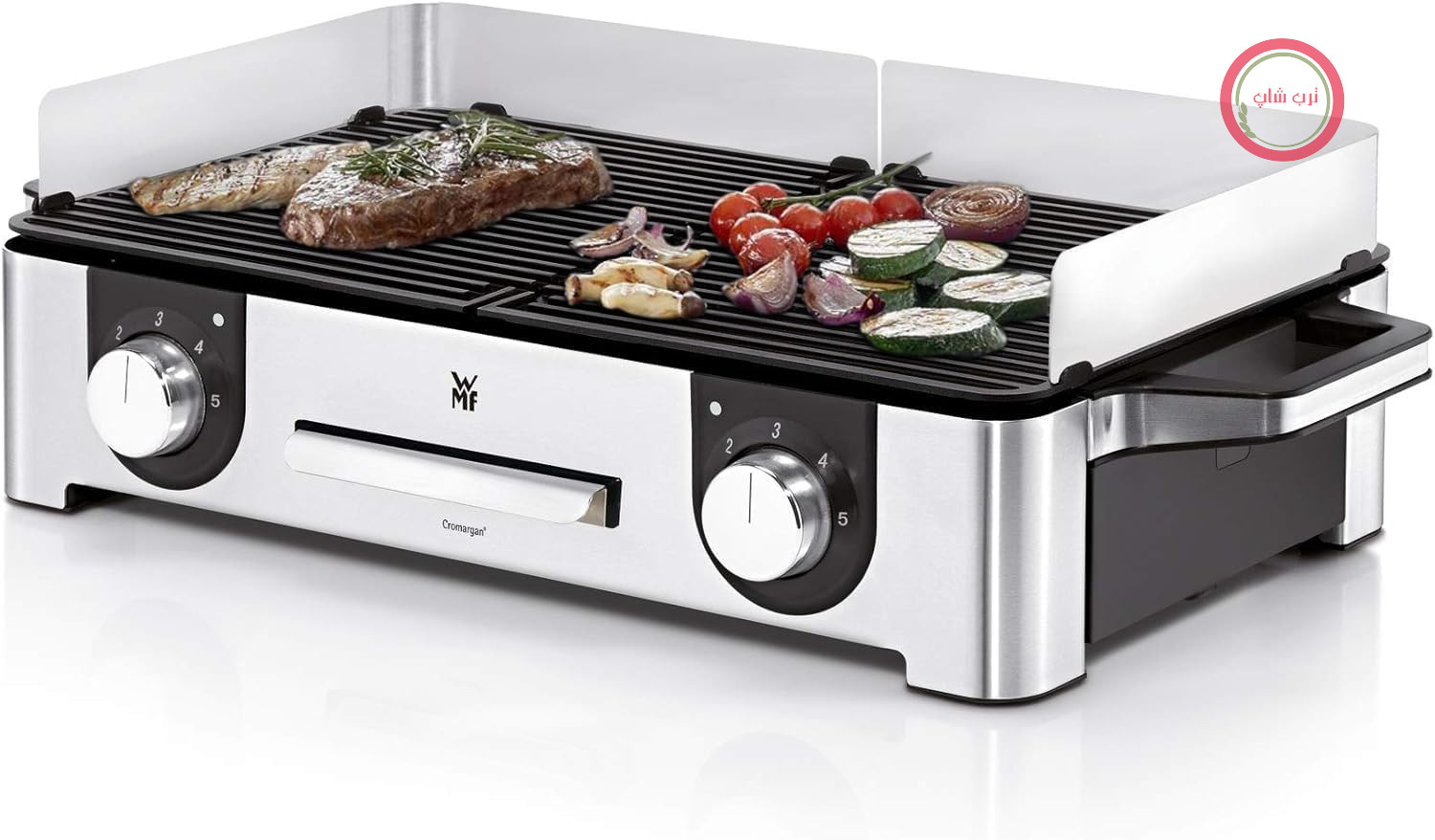 گریل برقی WMF Lono Master 2400 W 2 x سطوح گریل قابل تنظیم جداگانه، گریل رومیزی با گواهینامه فضای باز برای باربیکیو، cromargan