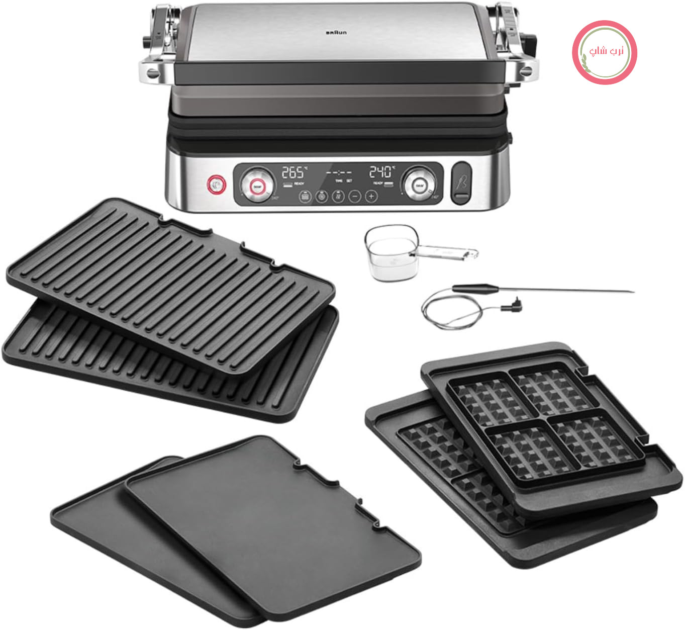 گریل چندگانه براون مدل 9 CG 9167، گریل تماسی با گریل، صفحات تخت و وافل و سنسور دما، موقعیت‌های گریل: تماسی، فر، صفحات قابل شستشو در ماشین ظرفشویی، سینی چکه گیر، عملکرد تقویتی 265 درجه