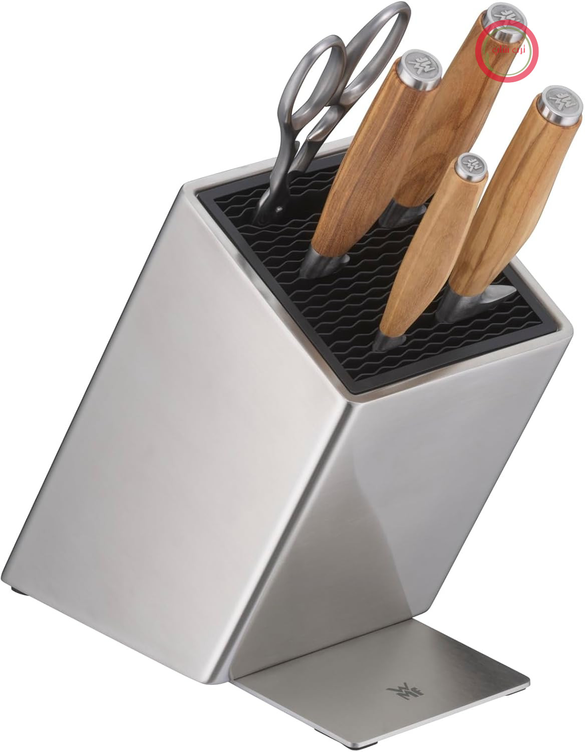 بلوک چاقوی WMF Grand Gourmet با مجموعه چاقو 6 تکه، دسته چوبی چاقو، ساخت آلمان، 4 چاقوی آهنگری شده، دسته چوب زیتون، چاقوی آهنگری شده، قیچی، بلوک چاقوی FlexTec ساخته شده از فولاد ضد زنگ