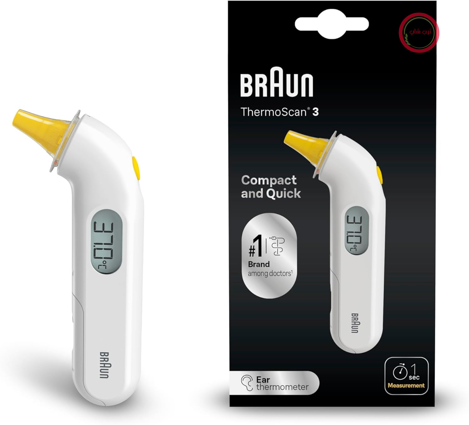 دماسنج گوش براون مدل ThermoScan 3، سریع، اندازه‌گیری در ۱ ثانیه، اعلان صوتی تب، نمایشگر دیجیتال، مناسب برای نوزادان و کودکان نوپا، برند شماره ۱ در بین پزشکان، IRT3030