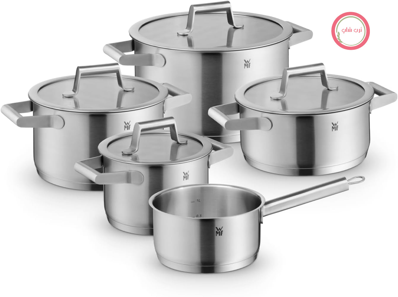 سرویس قابلمه القایی 5 تکه WMF Comfort Line با درب شیشه‌ای، استیل ضد زنگ Matt Cromargan، ترازو، سرویس قابلمه‌های القایی، قابل چیدن روی هم، بدون روکش