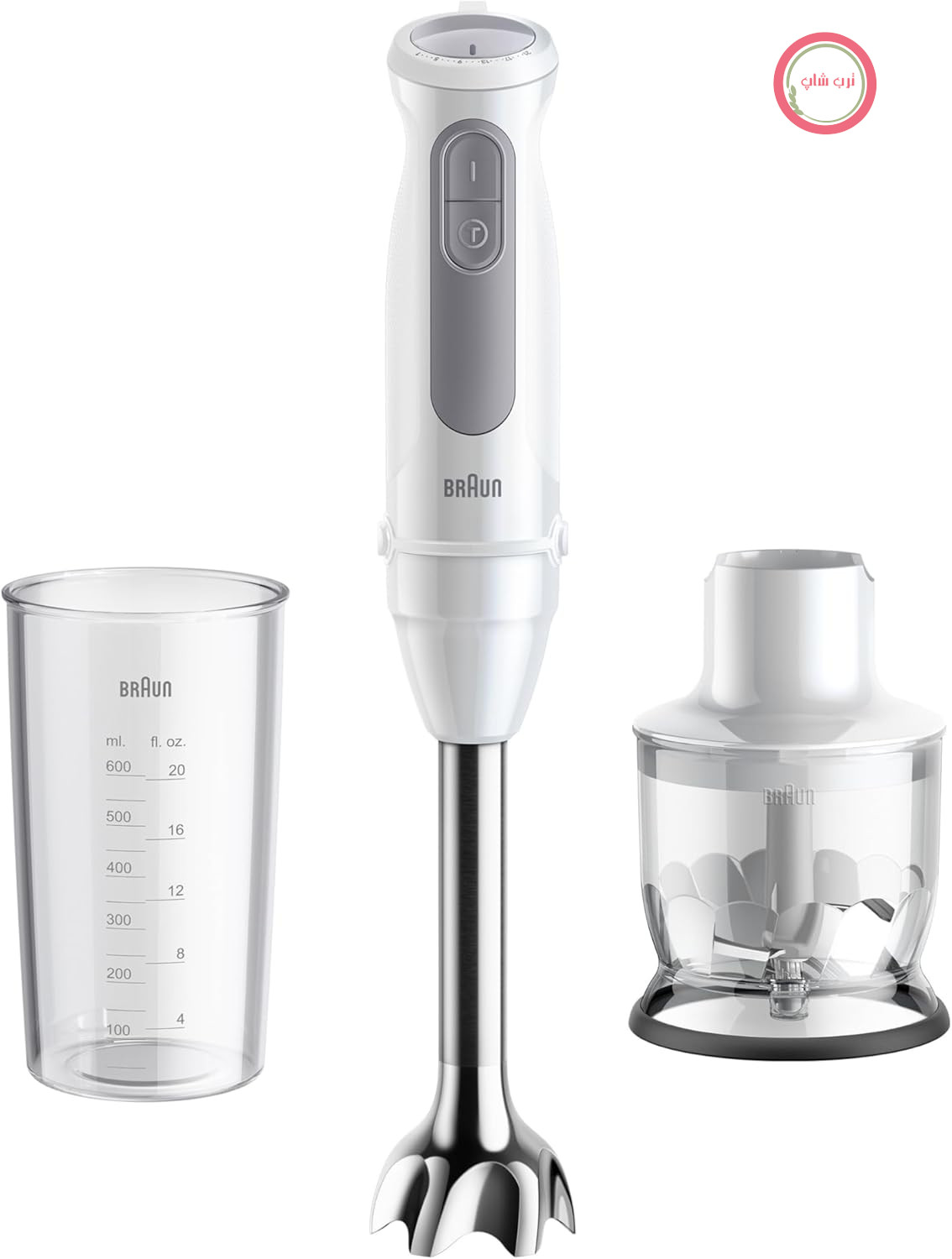 مخلوط کن دستی براون مدل MultiQuick 5 MQ50201M، مجهز به فناوری PowerBell Plus، دارای 21 سطح سرعت + توربو، سیستم EasyClick Plus، دسته استیل ضد زنگ، خردکن 350 میلی‌لیتری و فنجان 600 میلی‌لیتری، 1000 وات، سفید