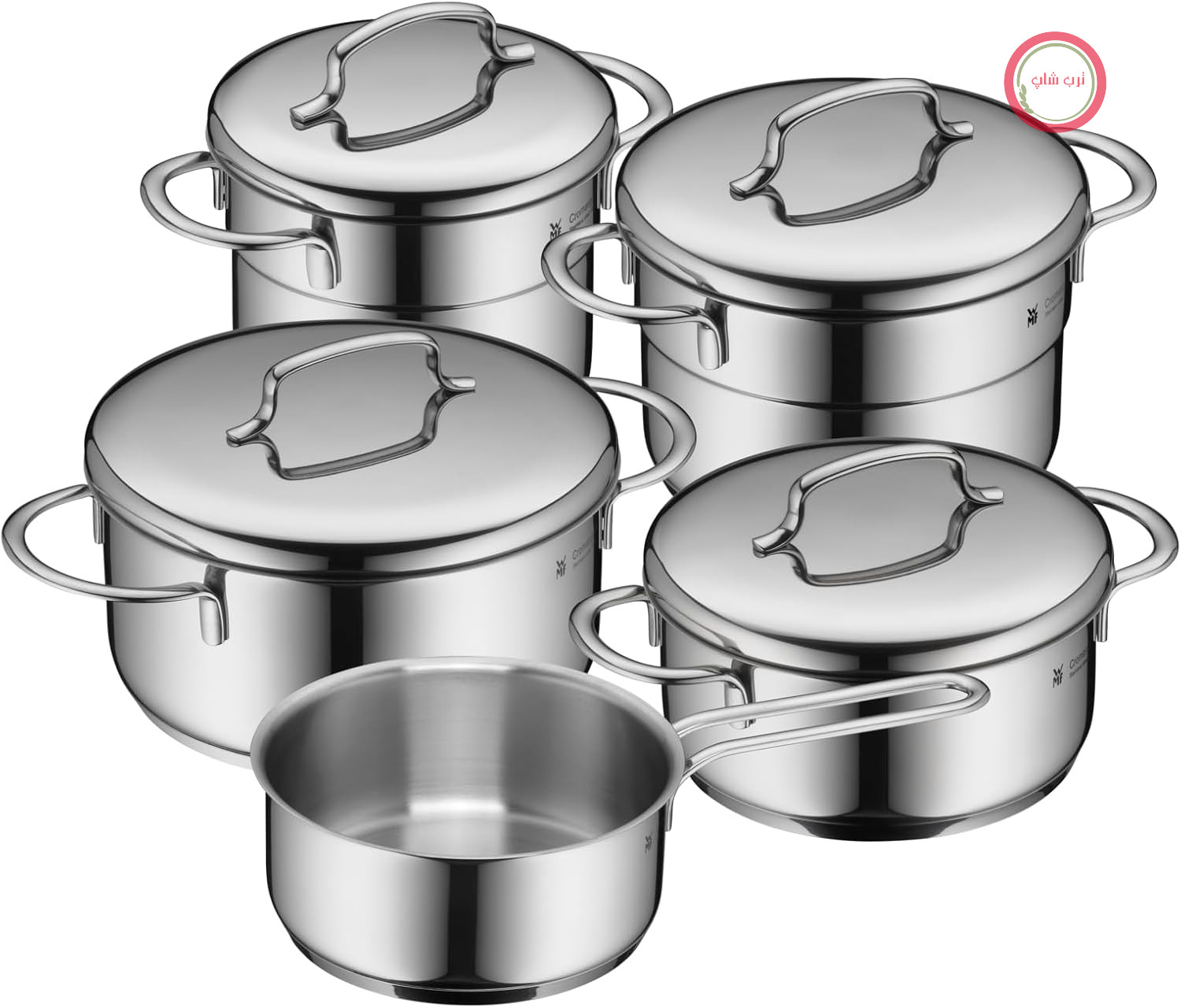 سرویس قابلمه القایی کوچک WMF Mini Vorteils، 5 تکه، سرویس قابلمه با درب فلزی، استیل ضد زنگ Cromargan، سرویس قابلمه روی هم چیده شده، ایده‌آل برای وعده‌های غذایی کوچک