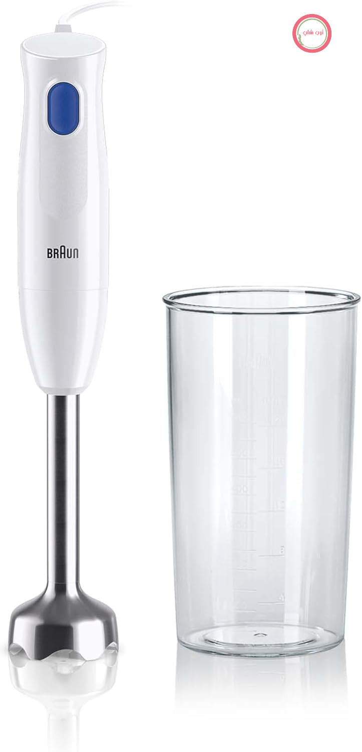 همزن دستی Braun MQ10.001M MultiQuick 1 - همزن دستی فوق العاده سبک با پایه مخلوط کن استیل ضد زنگ و سیستم EasyTwist، شامل ظرف مخلوط کن و پیمانه 600 میلی لیتری، 450 وات، سفید