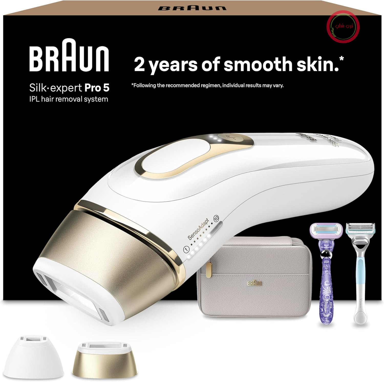 دستگاه IPL Braun Silk Expert Pro 5 - رفع موهای زائد، رفع دائمی و بدون درد موهای زائد در منزل - شامل کیف، 2 تیغ ونوس، 2 قطعه جانبی، طراحی شده در آلمان - PL5157، سفید/طلایی