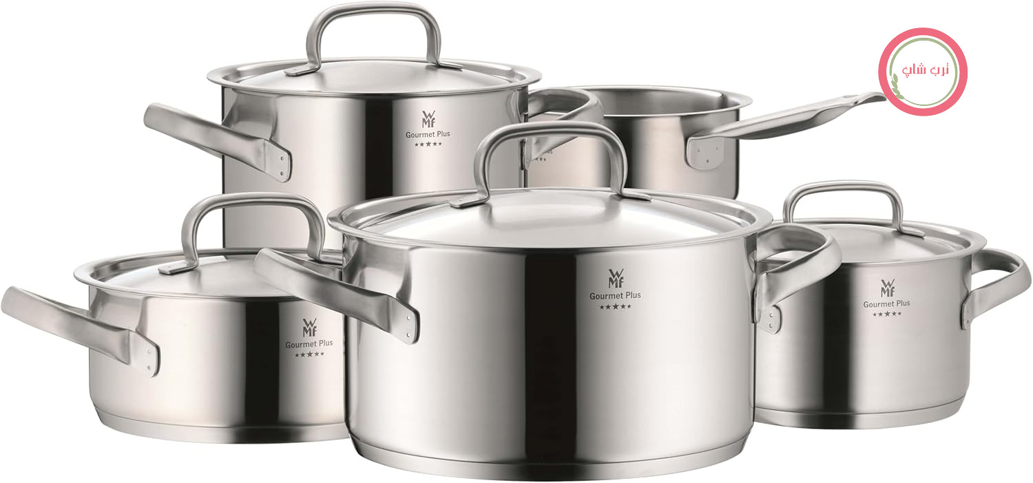سرویس قابلمه 5 تکه WMF مدل Gourmet Plus با دریچه بخار داخلی، دسته‌های توخالی، درب فلزی، جنس استیل ضد زنگ Cromargan®، مناسب برای اجاق گازهای القایی، قابل شستشو در ماشین ظرفشویی