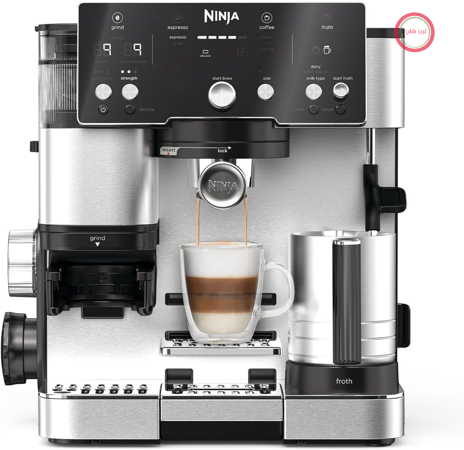 قهوه ساز دو در یک Ninja Luxe Essential ES501EU با آسیاب و کف ساز برای لاته، کاپوچینو و اسپرسو، استفاده آسان، 2 پیش تنظیم برای کف سازی، نقره ای