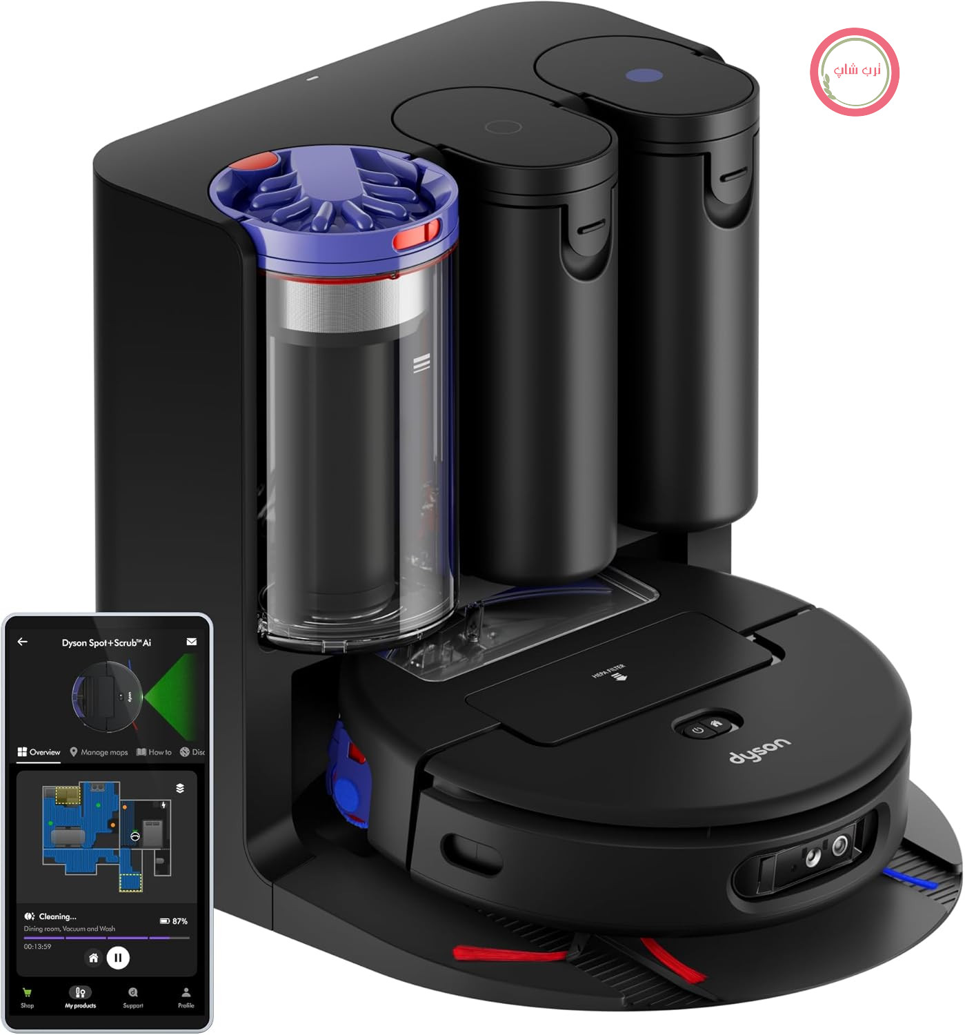 دستگاه روباتیک Dyson Spot+Scrub™ با هوش مصنوعی: جمع‌آوری و تمیز کردن همزمان سطوح خشک و مرطوب – تخلیه خودکار، برس تمیزکننده خودکار، قدرت مکش ۴ برابر برای فرش، حذف لکه‌های ناشی از هوش مصنوعی (مشکی/آبی)