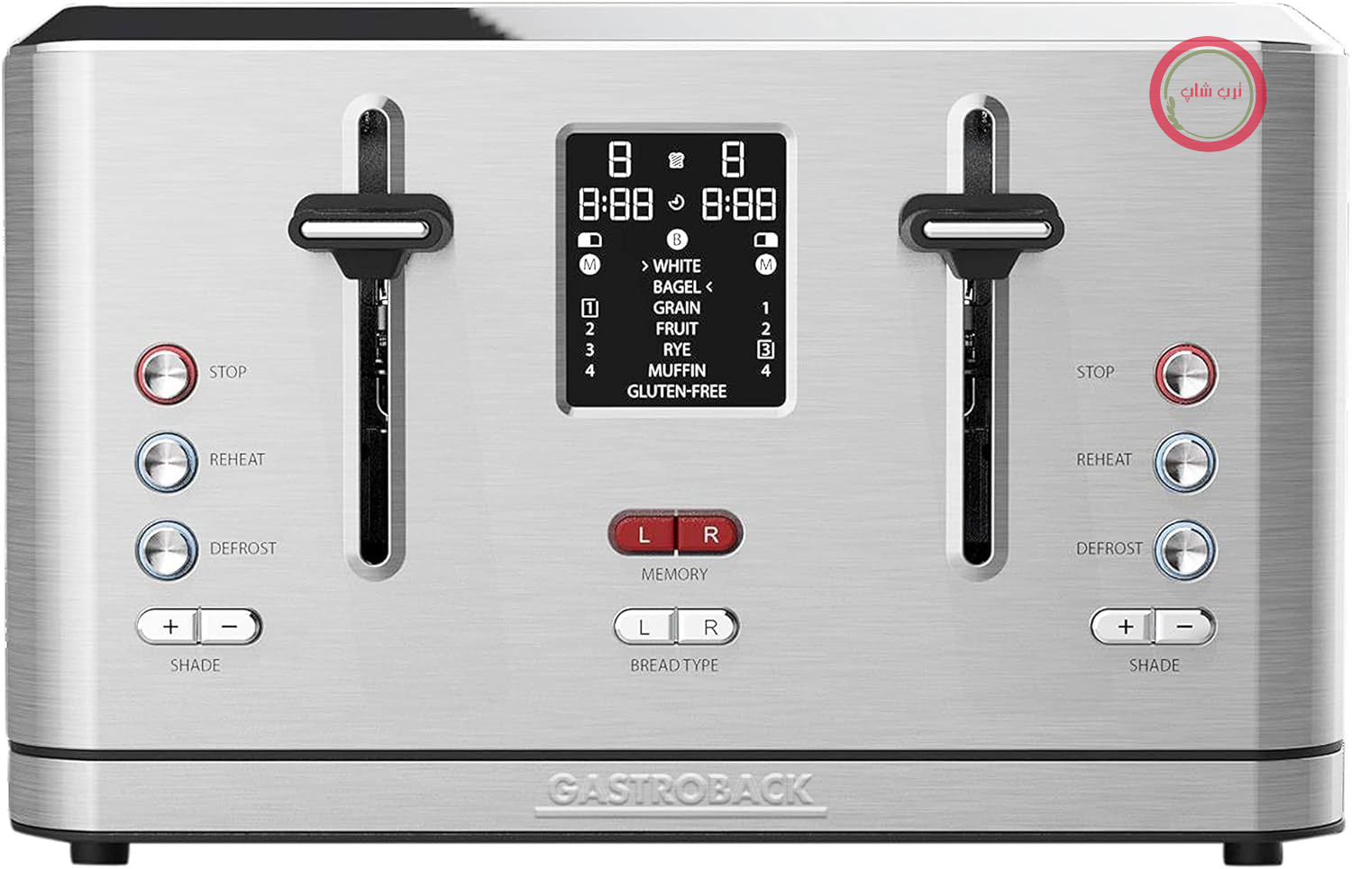 توستر دیجیتال GASTROBACK 42396 Design، 4 تکه، دارای نان داخلی، 7 برنامه تست، صفحه نمایش شمارش معکوس LCD، 950 وات، بدنه استیل ضد زنگ، نقره‌ای