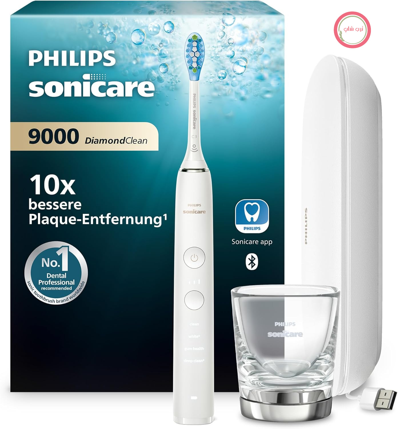 مسواک سونیک فیلیپس Sonicare DiamondClean 9000 HX9911/27 با 4 برنامه تمیز کردن، تایمر، کیف شارژ مسافرتی USB و شیشه شارژ، سفید