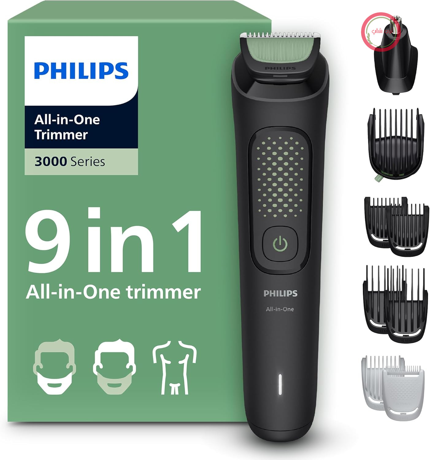 ماشین اصلاح چندکاره 9 تکه فیلیپس سری Multigroom 3000: ماشین اصلاح صورت و بدن و مو، تیغه‌های خود تیز شونده سازگار با پوست، دوازده حالت تنظیم طول، MG3946/15
