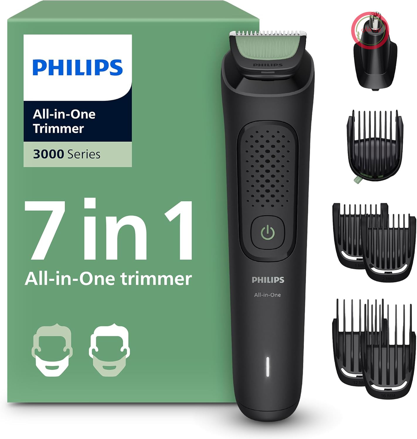 ماشین اصلاح همه کاره 7 تکه فیلیپس سری Multigroom 3000: تیغ و اصلاح مو برای صورت و سر، تیغه‌های خود تیز شونده مناسب پوست، ده حالت تنظیم طول، مدل MG3930/15
