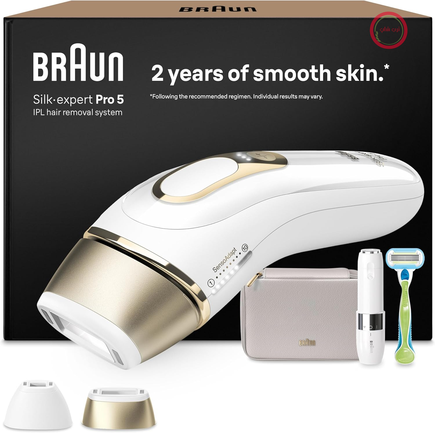 دستگاه IPL Braun Silk·expert Pro 5 - دستگاه رفع موهای زائد IPL، رفع دائمی و بدون درد موهای زائد در منزل - شامل کیف، تیغ ونوس، 2 قطعه جانبی، طراحی شده در آلمان - PL5156، سفید/طلایی