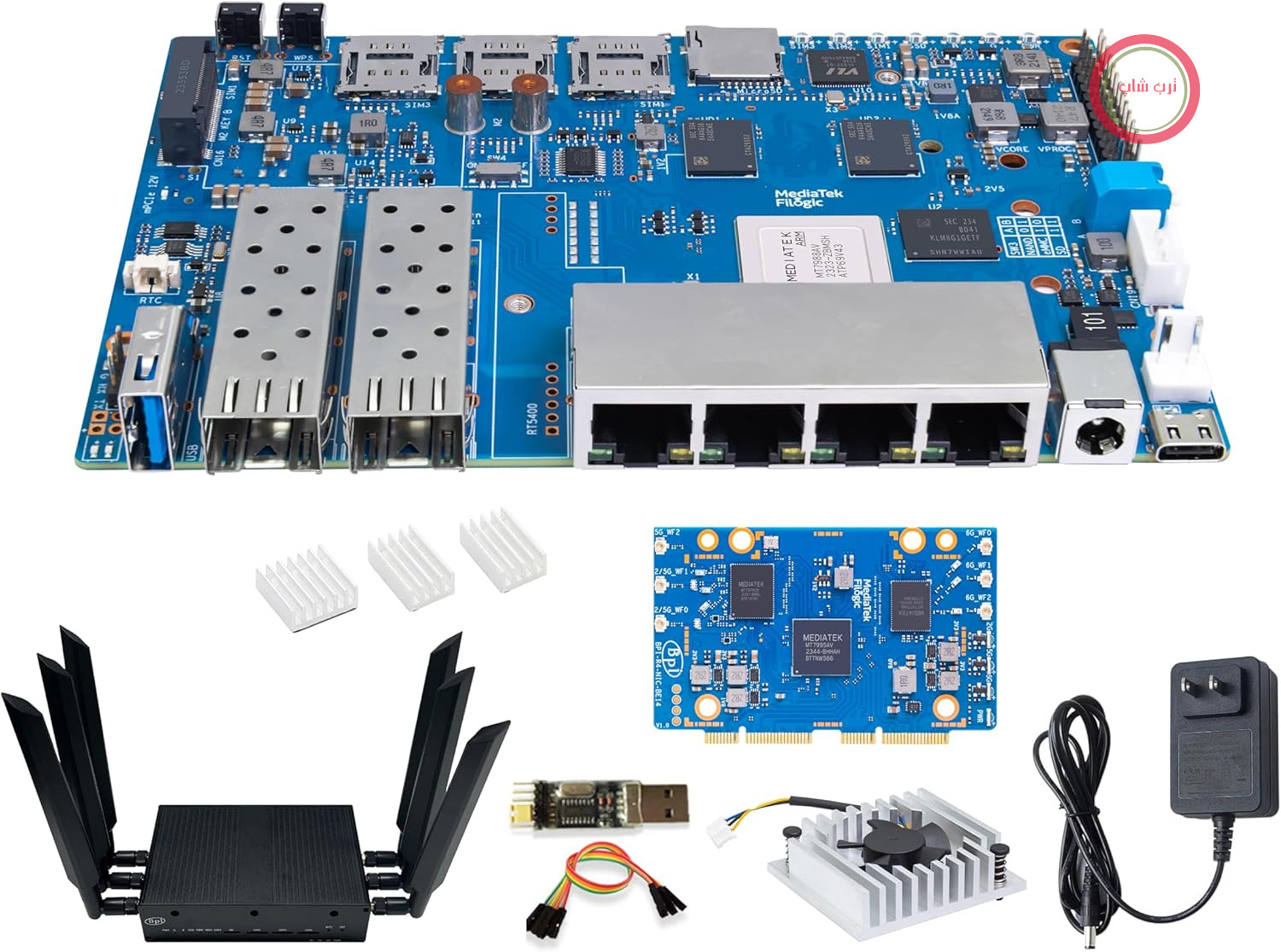 رایتر بی‌فای Banana Pi BPI-R4 - سیستم‌عامل OpenWRT - وایرلس دو بانده - MediaTek MT7988A (Filogic 880) - روتر اینترنت 4G/5G - 4X GbE و 2X 10GbE SFP برای NAS - گیت‌وی هوشمند خانه (با رم 8 گیگابایتی)
